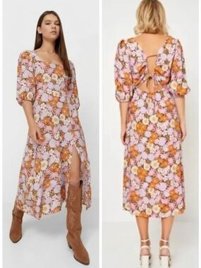 Stradivarius Floral Midi Dress S Retro Boho 70s Open Back Puff Sleeve Festival